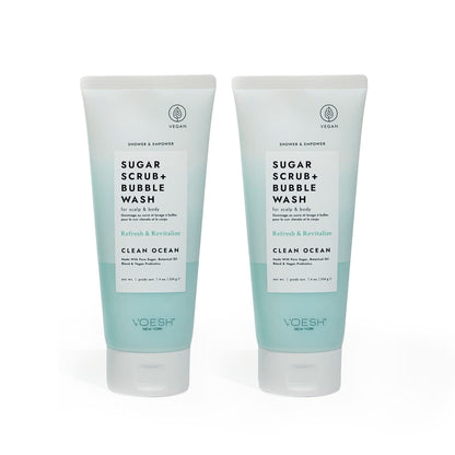 VOESH Sugar Scrub + Bubble Wash, Exfoliating Body Wash, Clean Ocean 2 Pack, Scalp Exfoliator, Scalp Care, Vegan Skin Care