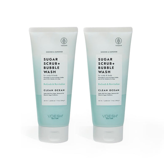 VOESH Sugar Scrub + Bubble Wash, Exfoliating Body Wash, Clean Ocean 2 Pack, Scalp Exfoliator, Scalp Care, Vegan Skin Care