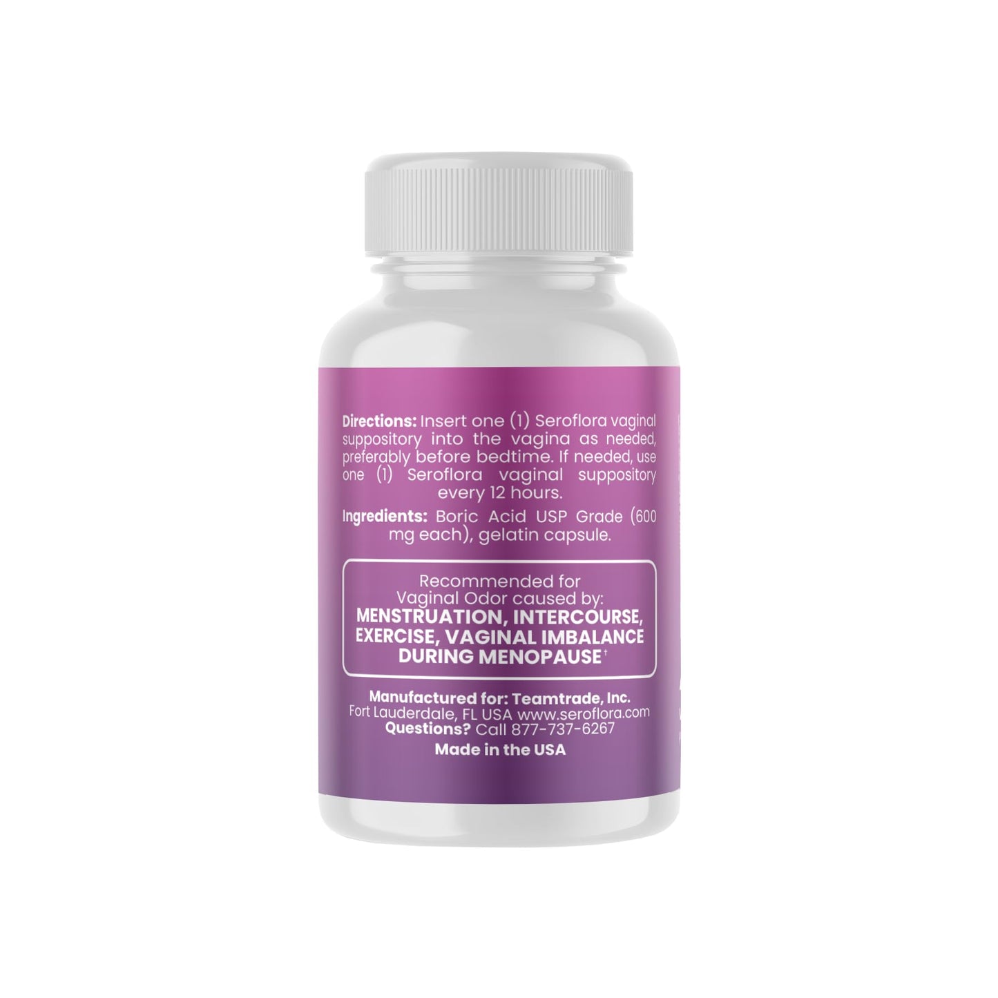 Seroflora Boric Acid Vaginal Suppositories 600mg – 30 Count with 7 Applicators for Odor Control & pH Balance Feminine Hygiene Support, Natural Intimate Care, Made in USA