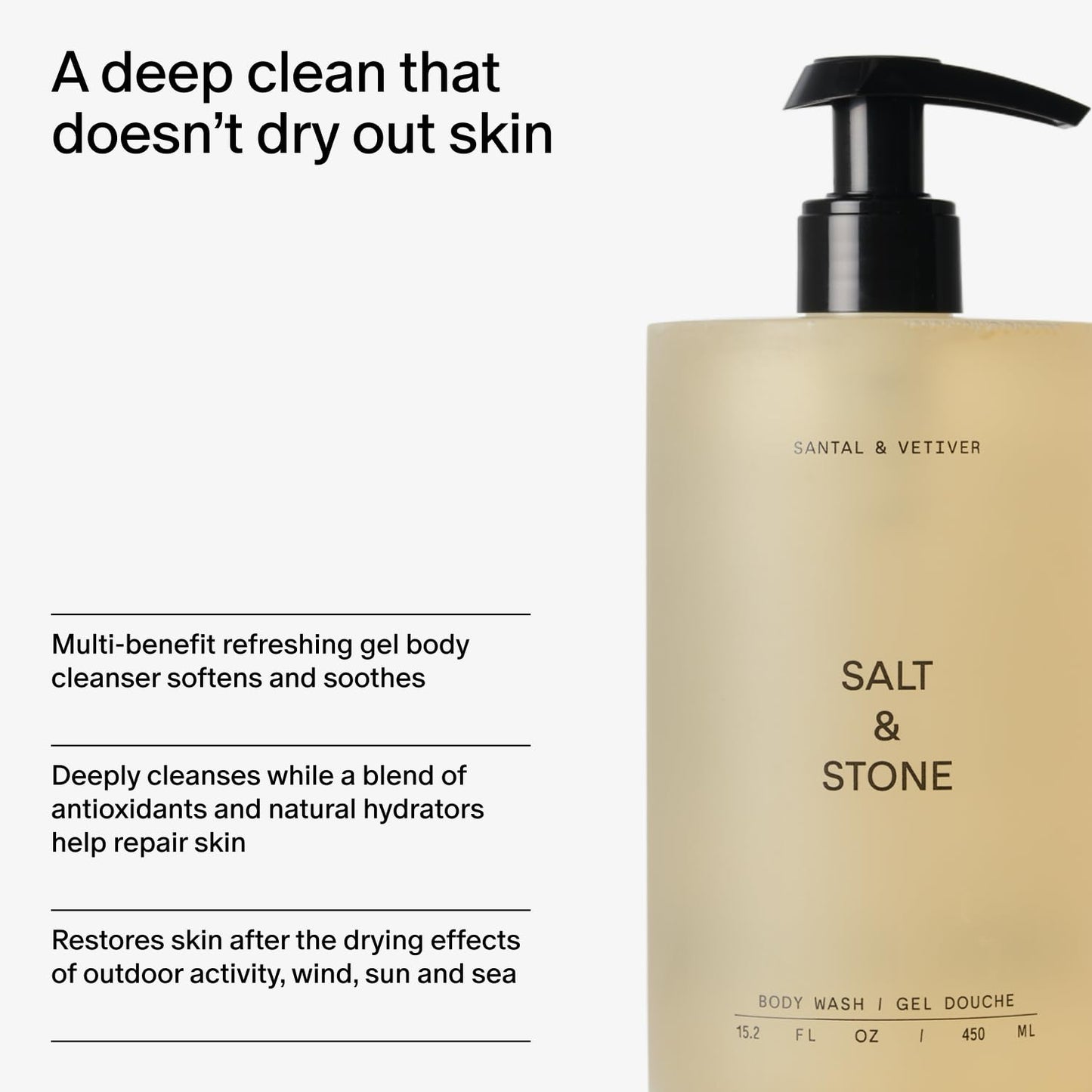 Salt & Stone Body Wash with Antioxidants for Deep Moisture | For Women & Men, Sulfate, Paraben, & Dye Free, Leaving Skin Soft and Hydrated | Santal & Vetiver 15.2 fl oz