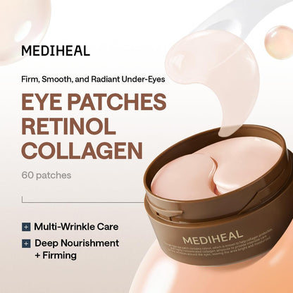Mediheal Retinol Collagen Under Eye Patches - Korean Hydrogel Eye Pads (60 patches) with 95% Retinol & 5 Micro Collagen. Nourishing & Non Irritating Eye Gel Mask. Sealing Cap & Spatula Included.