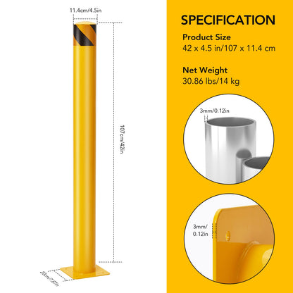 Safety Bollard Post 6 Packs, PeakPursuit 42 Inch Height Steel Bollards, 4.5 Inch Diameter Parking Bollard, Yellow Powder Coated Safety Parking Barrier Post, for Traffic Sensitive Areas
