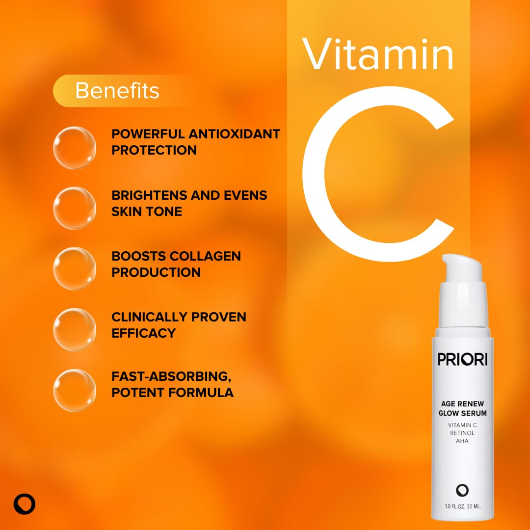 Priori Skincare Age Renew Glow Serum, Vitamin C, Retinol, AHA, Advanced Anti-Aging Radiance Boosting Formula, Dark Spot & Wrinkle Reduction, Firmness, Glowing Complexion, 1 fl oz