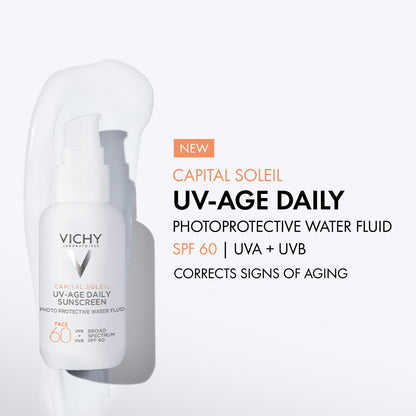 Vichy Capital Soleil UV-Age Daily SPF 60, Anti Aging Sunscreen for Face SPF 60, Hyaluronic Acid + Peptides + Vitamin C, Broad Spectrum Invisible SPF Protection, No White Cast Sunscreen