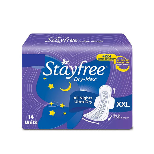Stayfree Dry-Max All Night Ultra Dry Sanitary Pads - XL (With Wings), 14 Pieces Pack