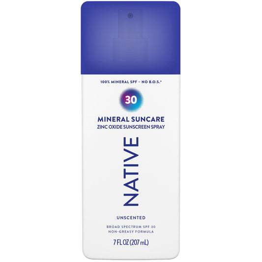 Native Sunscreen Pump Spray Lotion | Unscented SPF 30, 100% Mineral SPF for Face & Body Broad Spectrum UVA UVB, Suitable for Sensitive Skin & Hawaii Compliant, Lightweight & No Residue, 7oz