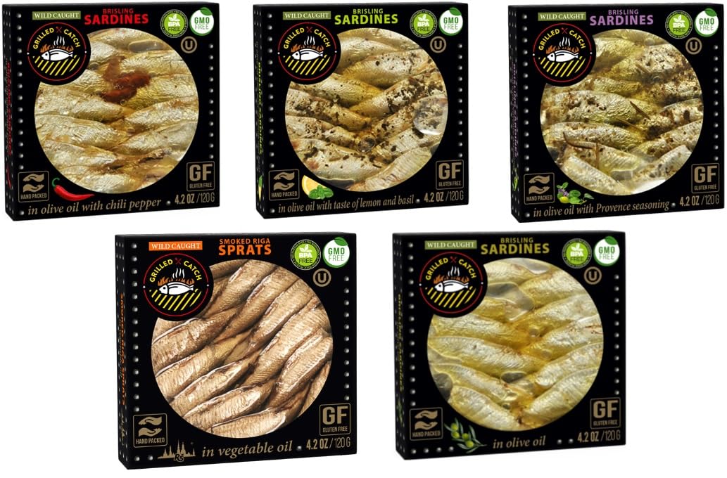 Grilled Catch - Canned Sardines Variety Pack 5 Flavor Sampler European Wild Caught Brisling Sardines in Olive Oil, 4.2 oz Sustainable seafood, Kosher, Hand Packed in Latvia