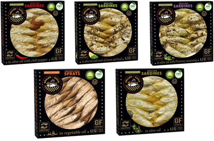 Grilled Catch - Canned Sardines Variety Pack 5 Flavor Sampler European Wild Caught Brisling Sardines in Olive Oil, 4.2 oz Sustainable seafood, Kosher, Hand Packed in Latvia