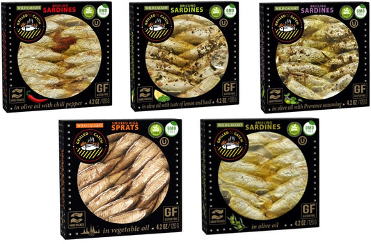 Grilled Catch - Canned Sardines Variety Pack 5 Flavor Sampler European Wild Caught Brisling Sardines in Olive Oil, 4.2 oz Sustainable seafood, Kosher, Hand Packed in Latvia