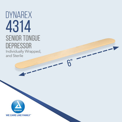 Dynarex Tongue Depressors, Sterile, 6" Senior-Sized Length, Made from Beige Birch Wood, Comes in Peel-Down Patches, 1 Box of 100