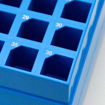 Globe Scientific 3058 Storage Box with Lid for 15mL Centrifuge Tube, 36-Place, 6x6, PP, Blue Base & Clear Lid, Pack of 4