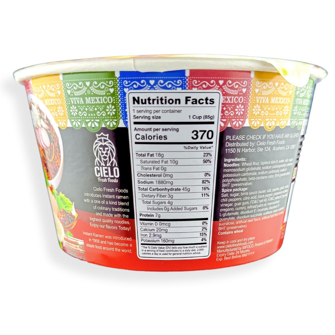 Birria Instant Ramen Noodle Soup, Authentic Mexican BirriaSopa, No Trans Fat, 9g Protein, Ready to Eat 3 Minute Meal, 6-Pack of 2.82oz Spicy Ramen Bowls