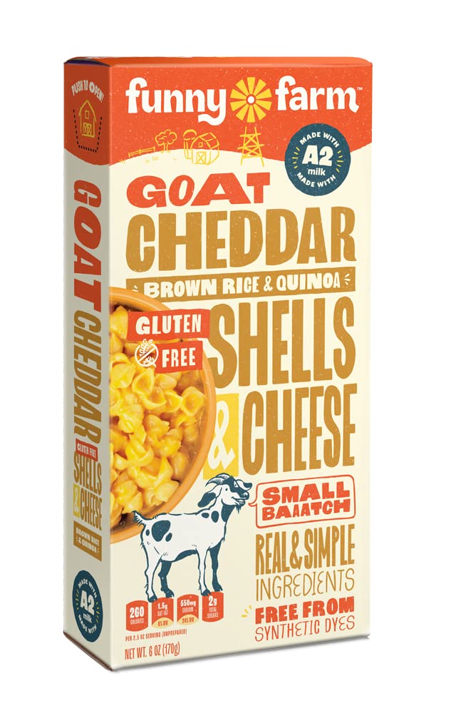 Funny Farm A2 Milk Gluten Free Macaroni and Cheese | Brown Rice & Quinoa Pasta with Cheddar Cheese Flavor - Goat Cheese Mac and Cheese Dinner Bundle | A2 Goat Milk Cheese Powder Base with Gluten-Free Noodles - Goats Milk Based Cheddar Cheese