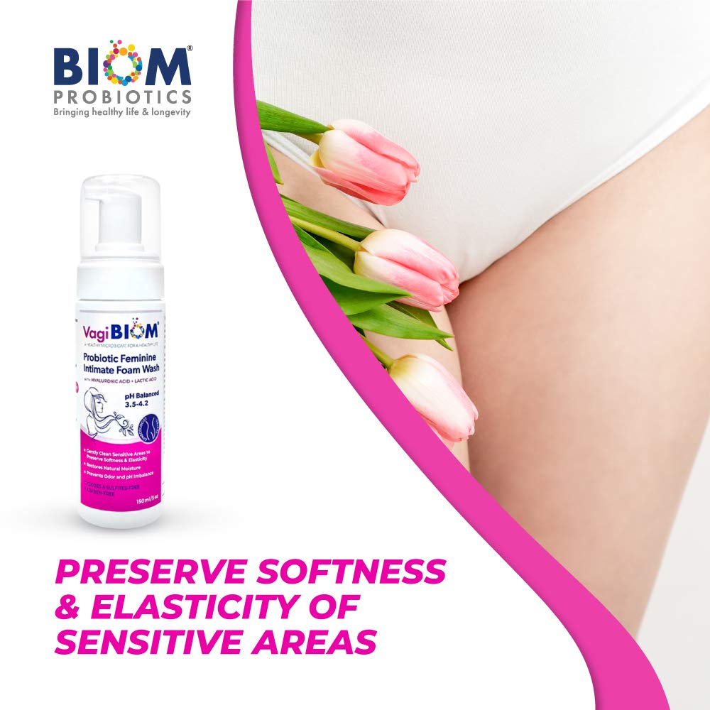 Biom Probiotics Vaginal moisturizing Foam Wash and Odor Control: First-in-Class All Natural 100% Natural Vegan Vaginal Foam. Controls Dryness, Maintain Optimal pH, and relieves Feminine discomfort