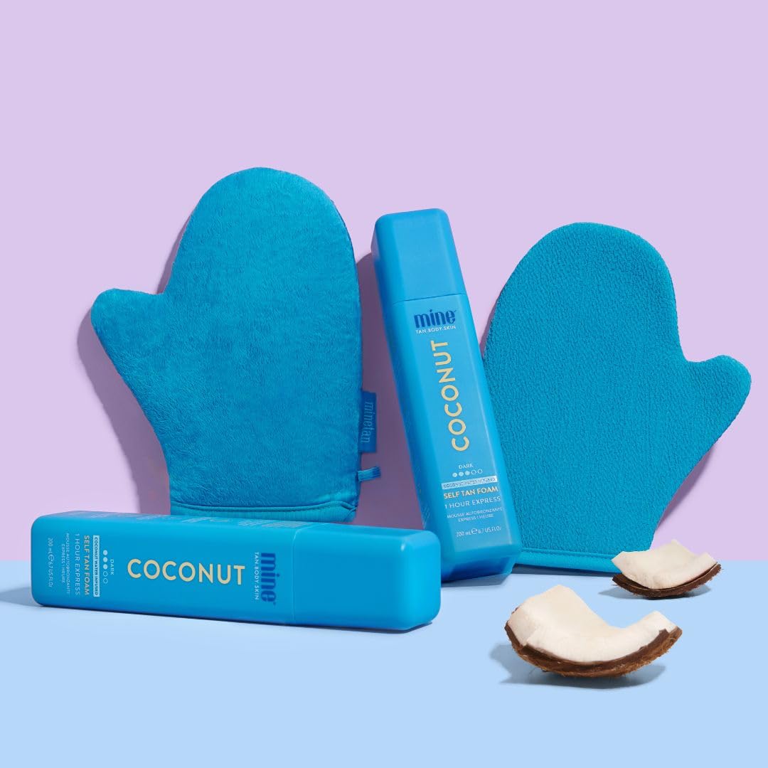 MineTan Coconut Duo Self Tan Bundle | Express 1 Hour - Includes 2 Coconut Sunless Tanner Mousses, Application Mitt, & Exfoliating Glove for Tan Removal & Prep