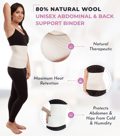 Unisex Wool Warming Support Abdominal Binder, Natural Therapeutic Warmth w/ 80% Wool, Small