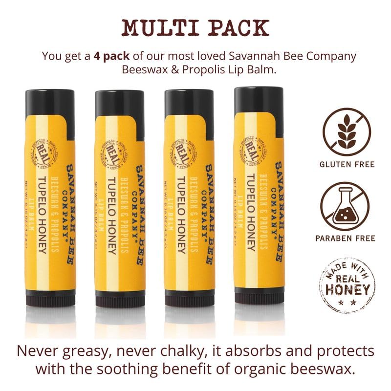 Savannah Bee Company Natural - Tupelo Honey Beeswax Lip Balm, 0.15-Ounce (Pack of 4)