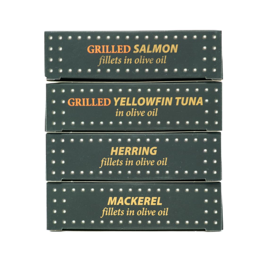 Grilled Catch Canned Fish Variety Pack – Wild Caught Mackerel, Grilled Salmon, Yellowfin Tuna & Herring in Olive Oil, Kosher, Gluten Free, High Protein