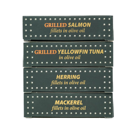 Grilled Catch Canned Fish Variety Pack – Wild Caught Mackerel, Grilled Salmon, Yellowfin Tuna & Herring in Olive Oil, Kosher, Gluten Free, High Protein