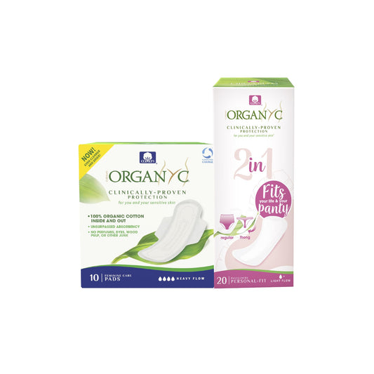 Organyc 100% Certified Organic Cotton Inside and Out Feminine Pads for Regular Flow and 2 in 1 Panty Liner for Light Flow Bundle