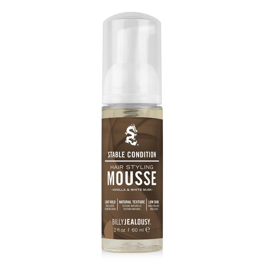 Billy Jealousy Stable Condition Hair Styling Mousse for Men – Light Hold for Body & Lift, Frizz Control – Hydrates with Sea Moss & Kelp, Travel Size, Silicone & Residue-Free, Vegan, Vanilla White Musk