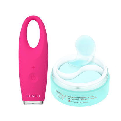 FOREO Eye Revive IRIS 2 Bundle - Lymphatic Drainage Eye Massager IRIS Hydrating Hydrogel Eye Mask, 60 pcs Dark Eye Circle Remover & Eye Bags Remover - Eye Puffiness Reducer - Fuchsia