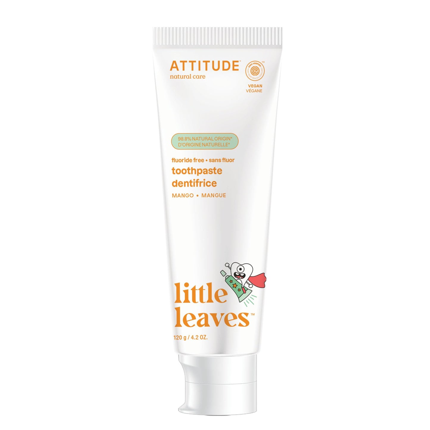 ATTITUDE Kids Fluoride-Free Toothpaste, EWG Verified, Plant- and Mineral-Based Ingredients, Vegan, Sugar-Free, Mango, 4.2 Oz
