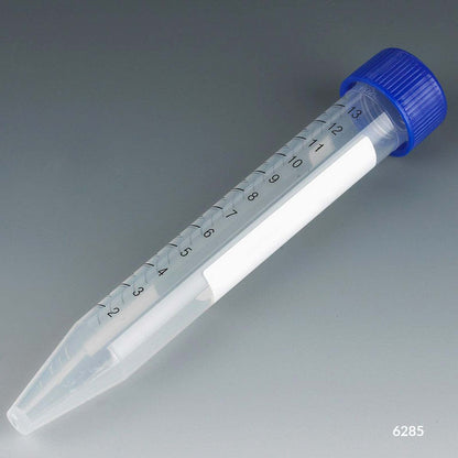 Globe Scientific 6285 Polypropylene Centrifuge Tube with Attached Blue Flat Top Screw Cap, Sterile, Printed Graduation, Bag Pack, 15mL Capacity (Case of 500)