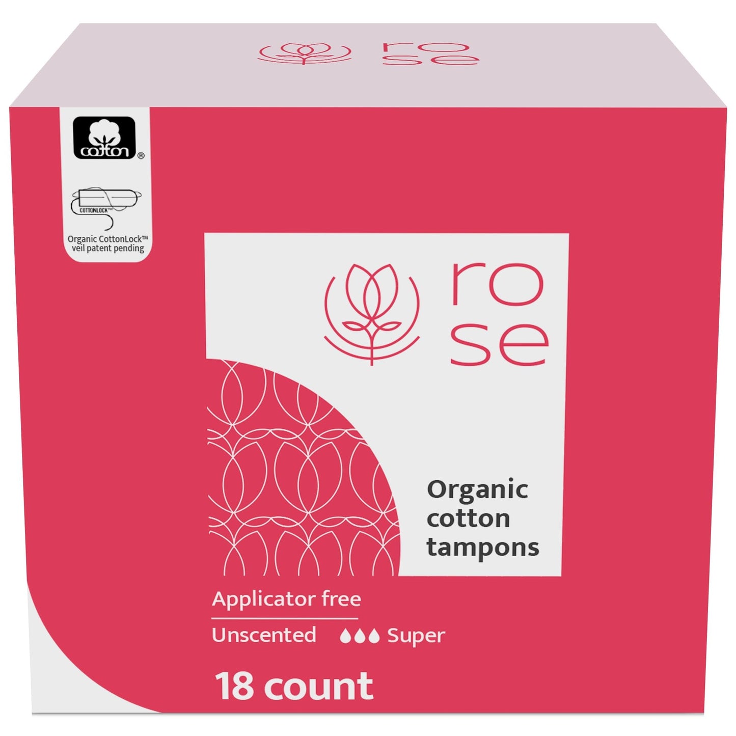 Rose Organic Tampons - Super, Non Applicator, 100% Organic cotton core and security veil, Unscented - 18 Count (Pack of 1)