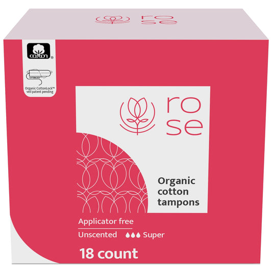 Rose Organic Tampons - Super, Non Applicator, 100% Organic cotton core and security veil, Unscented - 18 Count (Pack of 1)