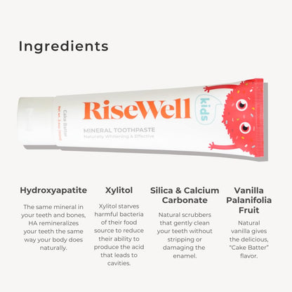RiseWell Kids Mineral Toothpaste - Kids Hydroxyapatite Toothpaste with Xylitol for Teeth Protection - Made by Dentists, Safe to Swallow, No Added Fluoride and All Natural - Cake Batter Flavor, 3.4 Oz