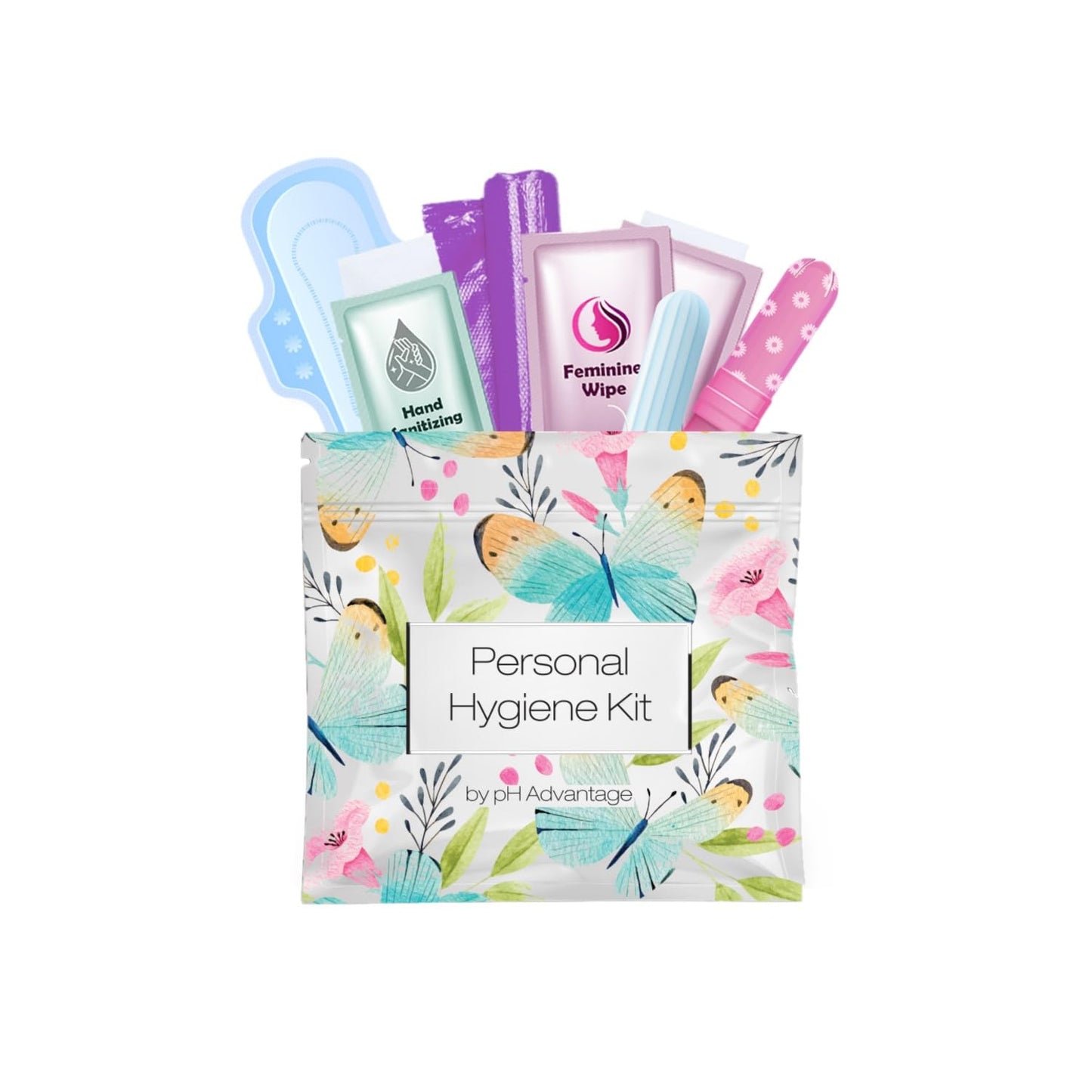 Menstrual Kit All-in-One | Convenience on The Go | Single Period Kit Pack for Travelling, Tweens & Teenagers | Individually Wrapped Feminine Hygiene Products (Butterflies)