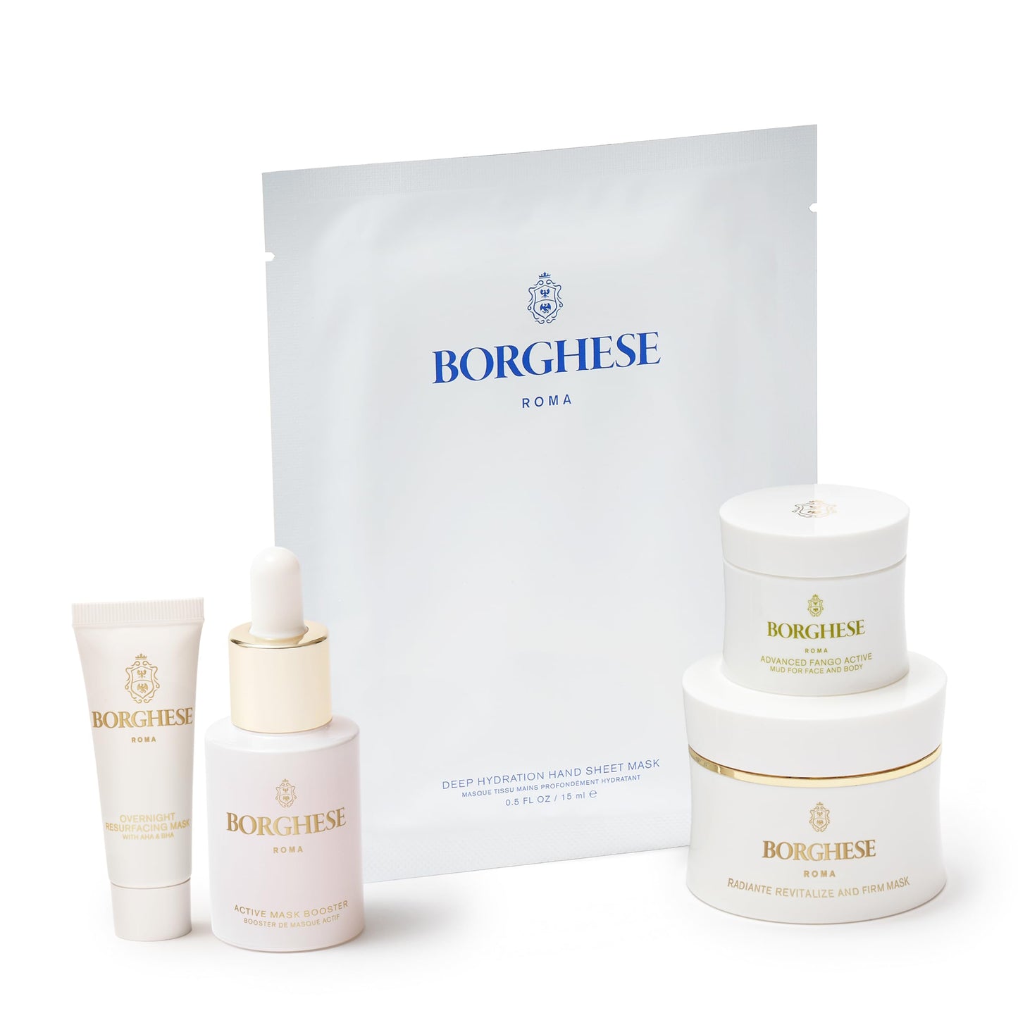 Borghese 5-Piece All You Need to Mask Gift Set - Includes Mask Booster Serum, Mud Mask, Firming Mask, AHA BHA Overnight Mask, & Hand Sheet Masks