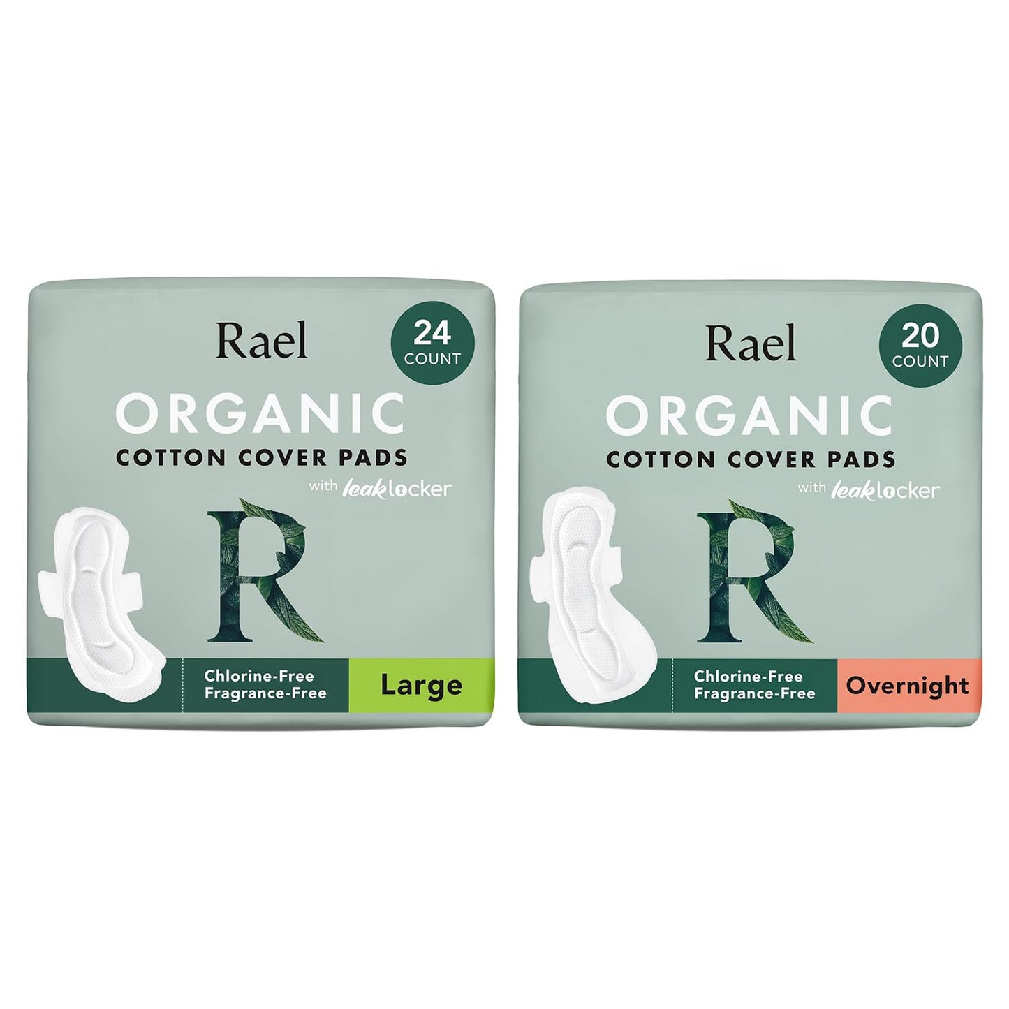 Rael Sanitary Pads for Women Large & Overnight Bundle - Feminine Care, Unscented, Chlorine Free, Hypoallergenic, Organic Cotton Cover Period Pads with Wings/Large (24 Count) & Overnight (20 Count)