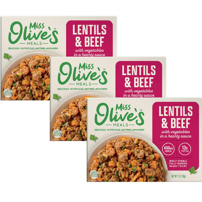 Miss Olive’s Lentil & Beef with Vegetables Ready Meal, Lower Sodium, Shelf Stable Heat & Eat Entrée in Hearty Sauce, 7 oz (Pack of 3)