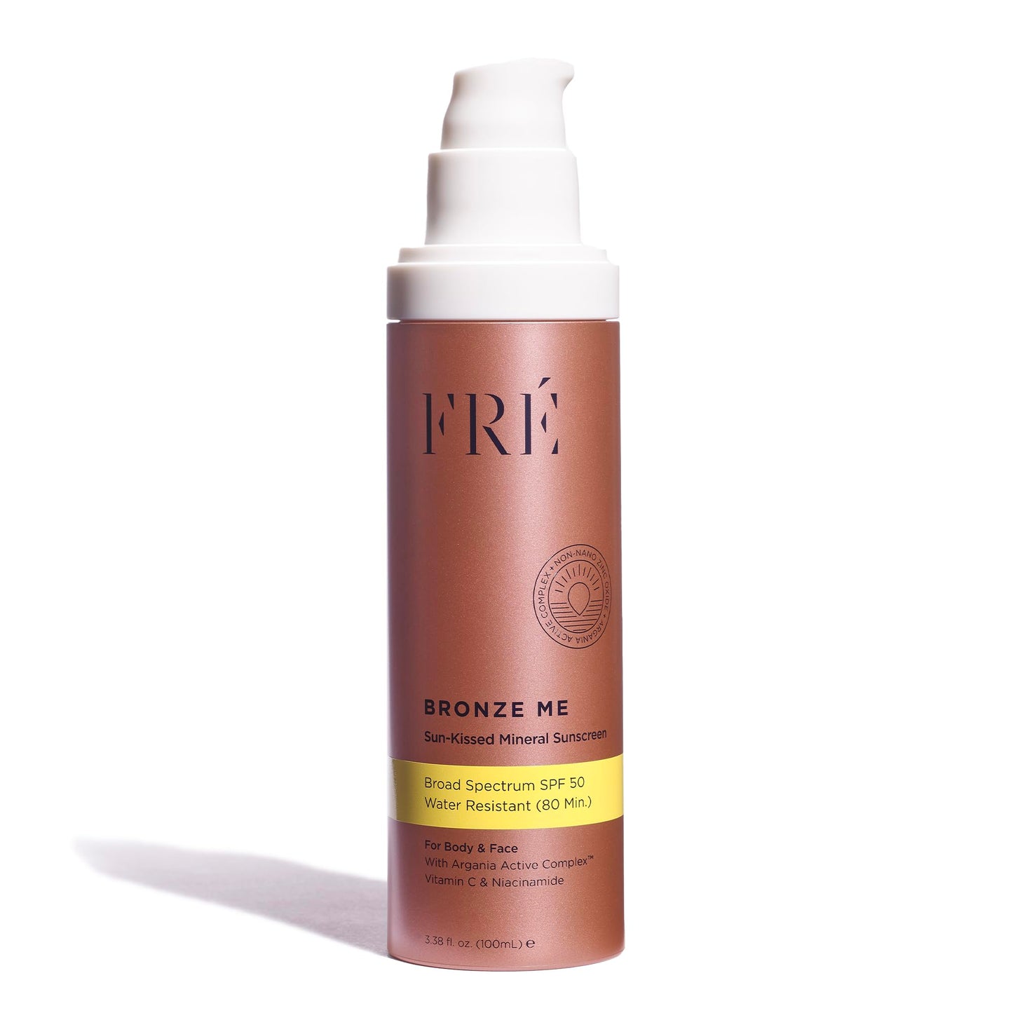FRÉ Bronze Me SPF 50 – Tinted Mineral Sunscreen for Face & Body, Instant Shimmery Tan, Multitasking Self-Tanner & Skincare, Reef-Safe, Vegan