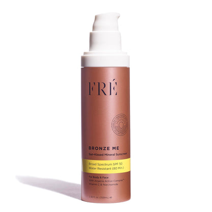 FRÉ Bronze Me SPF 50 – Tinted Mineral Sunscreen for Face & Body, Instant Shimmery Tan, Multitasking Self-Tanner & Skincare, Reef-Safe, Vegan