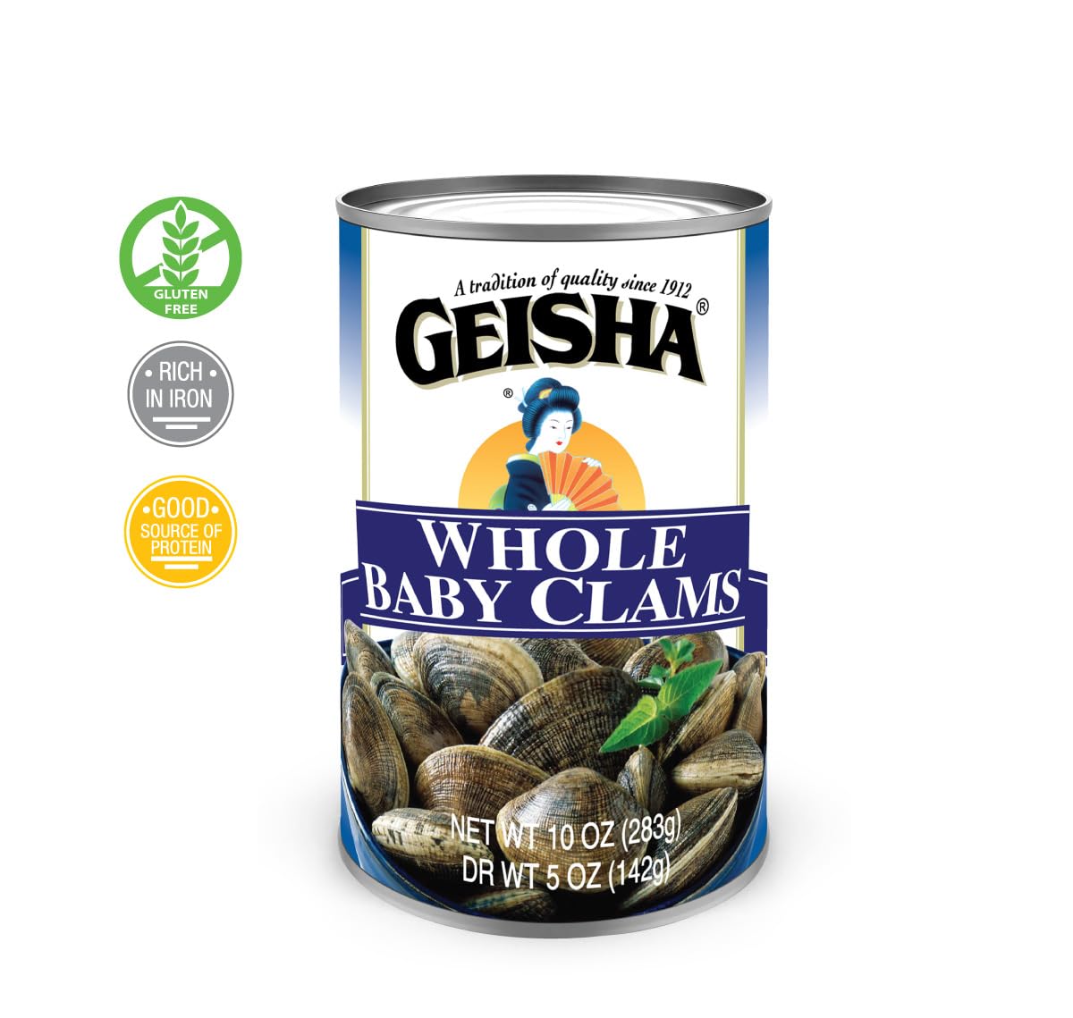 GEISHA Whole Baby Clams 10oz (Pack of 12), Baby Clams| No Sugar Added – Wild Caught – Good Source of Protein－Good Source of Iron－Less than 100Kcal per canee