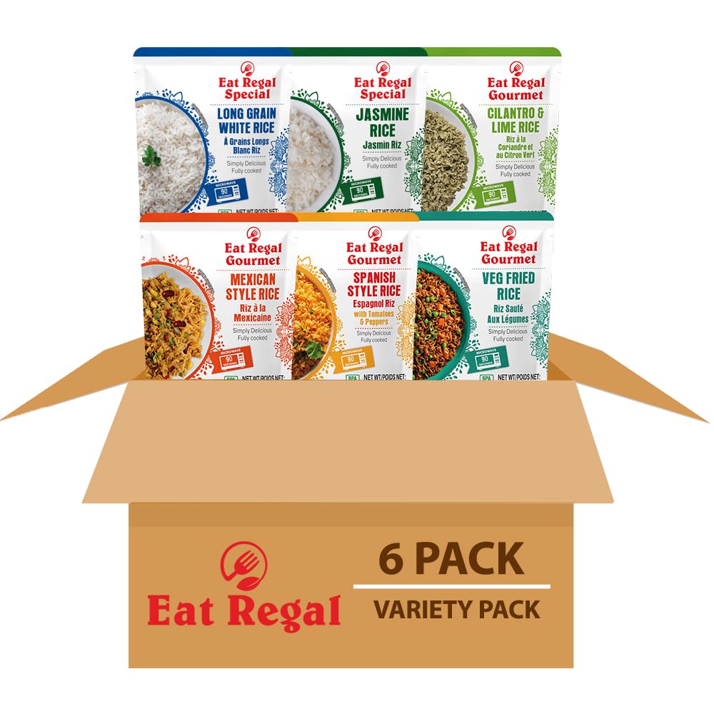 Eat Regal Rice Variety Pack, 8.8 oz | 6 Flavors: Spanish, Thai Jasmine, Long Grain, Cilantro Lime, Mexican, Veg Fried – Ready in 90 Sec – Non-GMO, Gluten-Free