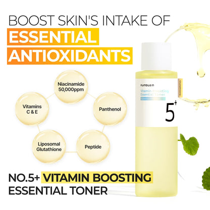 numbuzin No.5 Vitamin Boosting Essential Toner, Radiance-Boosting Vitamin Toner for Uneven & Dull Skin, Glutathione, Vitamin C, Niacinamide, First Step Skincare, 6.76 fl oz (200ml)