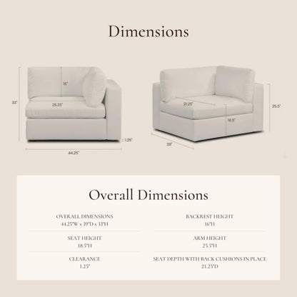 Poly & BARK Vari Modular Right Facing Corner Seat with Arm Cushion in Cotton White Performance Fabric with Water Repellent Washable Covers Plush Comfort for Custom Sectional Sofa Layouts