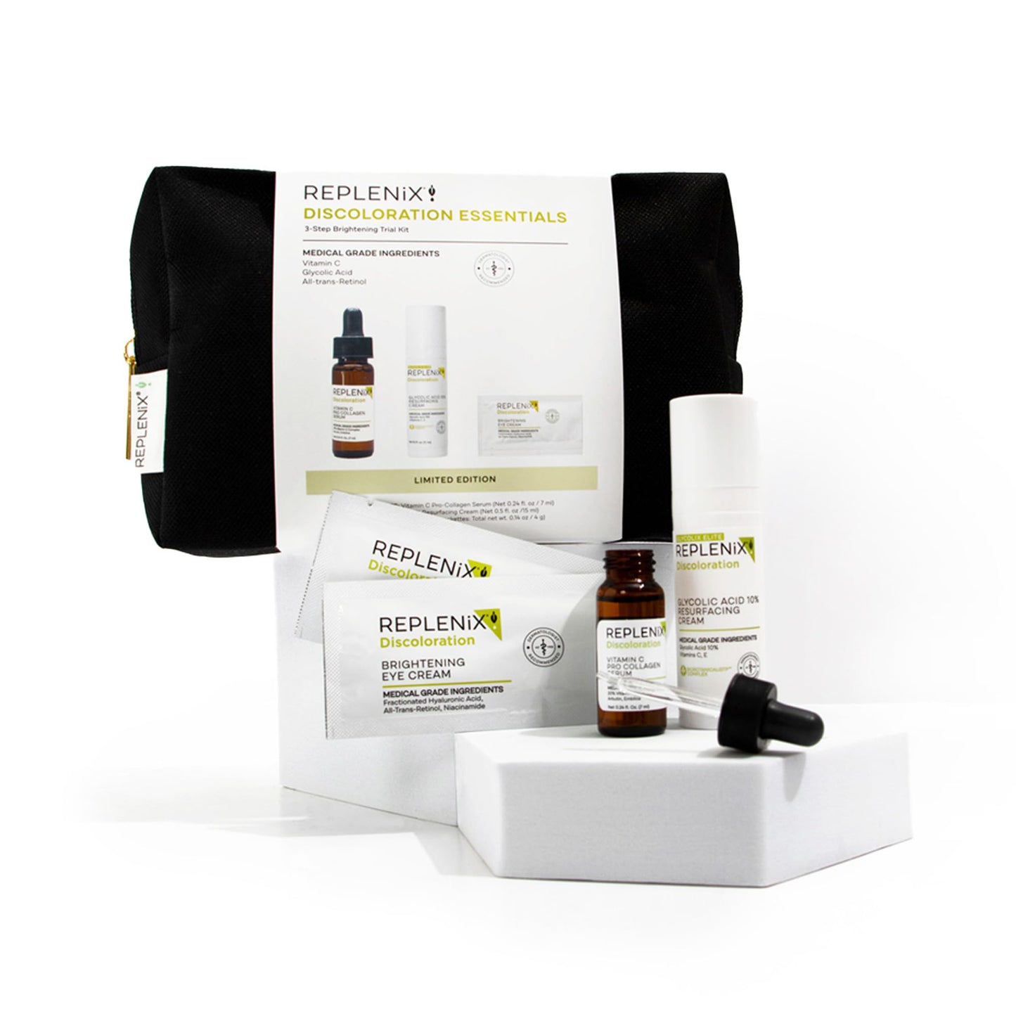 Replenix Discoloration Essentials 3 Step Brightening Medical-Grade Trial Kit (Set Includes Travel-Size Glycolic Acid Resurfacing Cream, Vitamin C Pro Collagen Serum, Brightening Eye Cream)