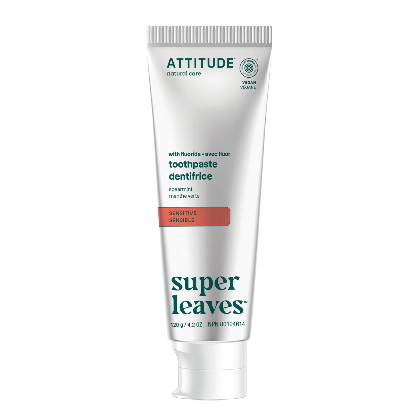 Attitude Sensitive Toothpaste with Fluoride, Spearmint Flavor, Vegan & Cruelty-Free, Sugar-Free, Plant & Mineral-Based Ingredients, Clean Oral Care, 4.2 Oz