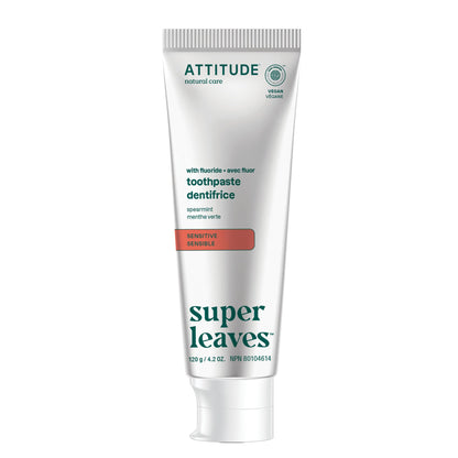 Attitude Sensitive Toothpaste with Fluoride, Spearmint Flavor, Vegan & Cruelty-Free, Sugar-Free, Plant & Mineral-Based Ingredients, Clean Oral Care, 4.2 Oz