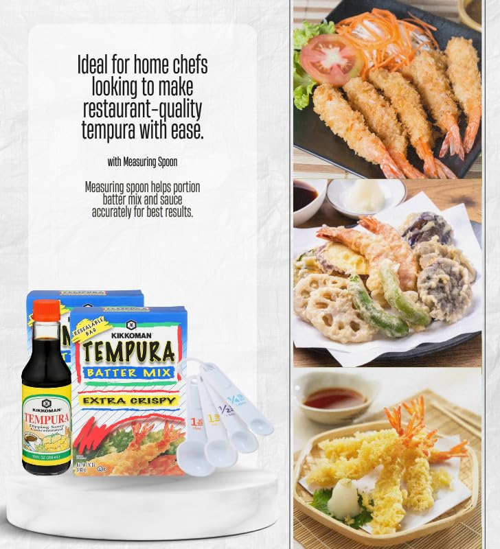 Kikkoman Tempura Dipping Sauce 10 oz + 2x Tempura Batter Mix 10 oz Bundle with Measuring Spoon – Easy Prep for Crispy Tempuras & Savory Dipping – Gift Set (4 Items)