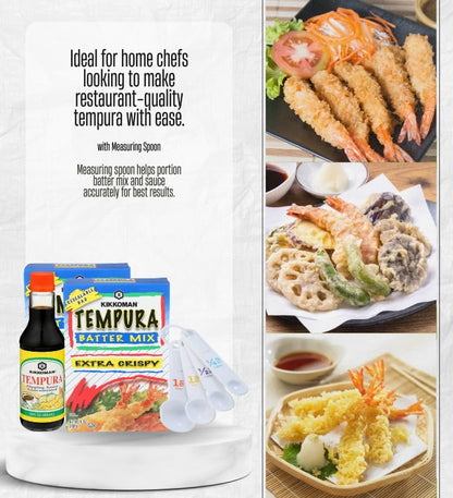 Kikkoman Tempura Dipping Sauce 10 oz + 2x Tempura Batter Mix 10 oz Bundle with Measuring Spoon – Easy Prep for Crispy Tempuras & Savory Dipping – Gift Set (4 Items)