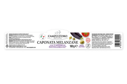 CAMPO D'ORO - Sicilian Eggplant Caponata, Glass, Jar 6.3 oz, Sicilian recipe for antipasto, appetizer, side dish or pasta with Eggplant, Tomato, Onion, Celery, Olives and Capers