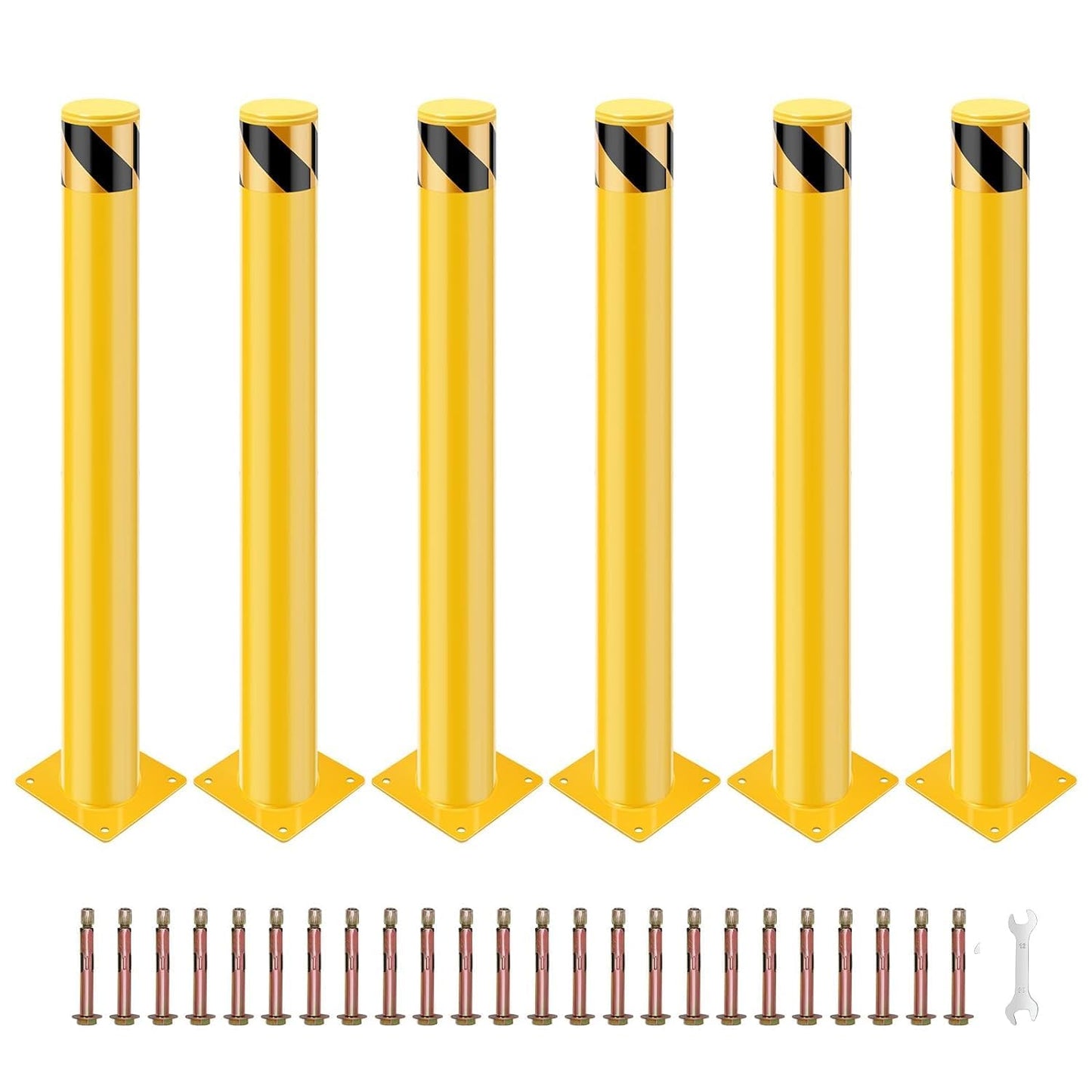 Safety Bollard Post 48" Height, 4.5" Diameter, 6 Packs Yellow Steel with Anchor Bolts - Easy Installation, Stable Base Plate, High Visibility - Ideal for Traffic Control, Driveway Barrier