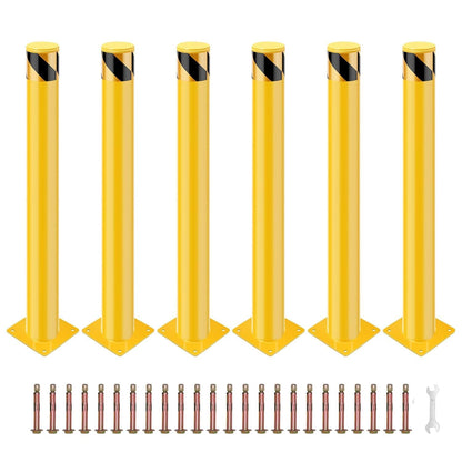 Safety Bollard Post 48" Height, 4.5" Diameter, 6 Packs Yellow Steel with Anchor Bolts - Easy Installation, Stable Base Plate, High Visibility - Ideal for Traffic Control, Driveway Barrier