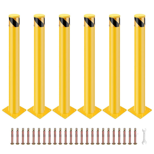 Safety Bollard Post 48" Height, 4.5" Diameter, 6 Packs Yellow Steel with Anchor Bolts - Easy Installation, Stable Base Plate, High Visibility - Ideal for Traffic Control, Driveway Barrier